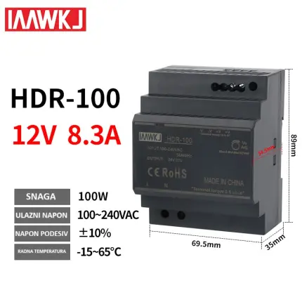 HDR-100-12V 8.3A Napajanje 100W DIN Cena Srbija