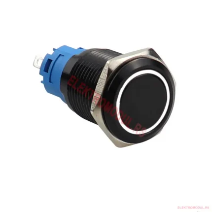 Prekidač ravna glava crni NC/NO, 22mm, vodootporan, samoresetujući, 12–24V DC, LED plavi krug - Cena