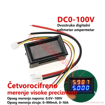 Digitalni voltmetar i ampermetar DC 0–100V 4-cifren crveno/plavi LED, 10A sa šantom – Cena Srbija