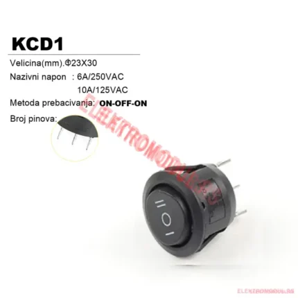 KCD1 brodski prekidač 23mm, 3 pozicije ON‑OFF‑ON sa LED – mini okrugli rocker – Cena Srbija