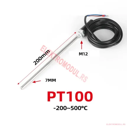 PT100 termopar 3‑žična – M12 navoj, sonda 7×200 mm, kabl 1 m (−200…+500°C) - Cena Srbija