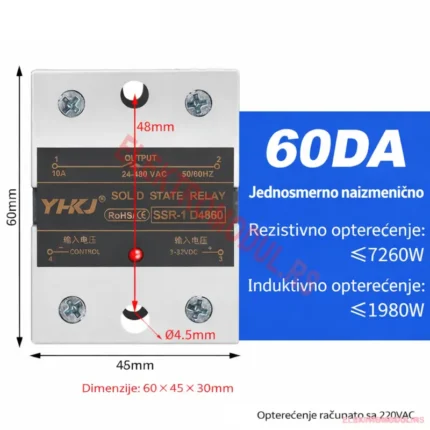 SSR-60DA relej 60A DC-AC 3–32V → 24–480VAC - Cena Srbija