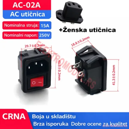 IEC C14 AC utičnica sa prekidačem AC‑02A 250V 15A + ženski utikač - Cena Srbija