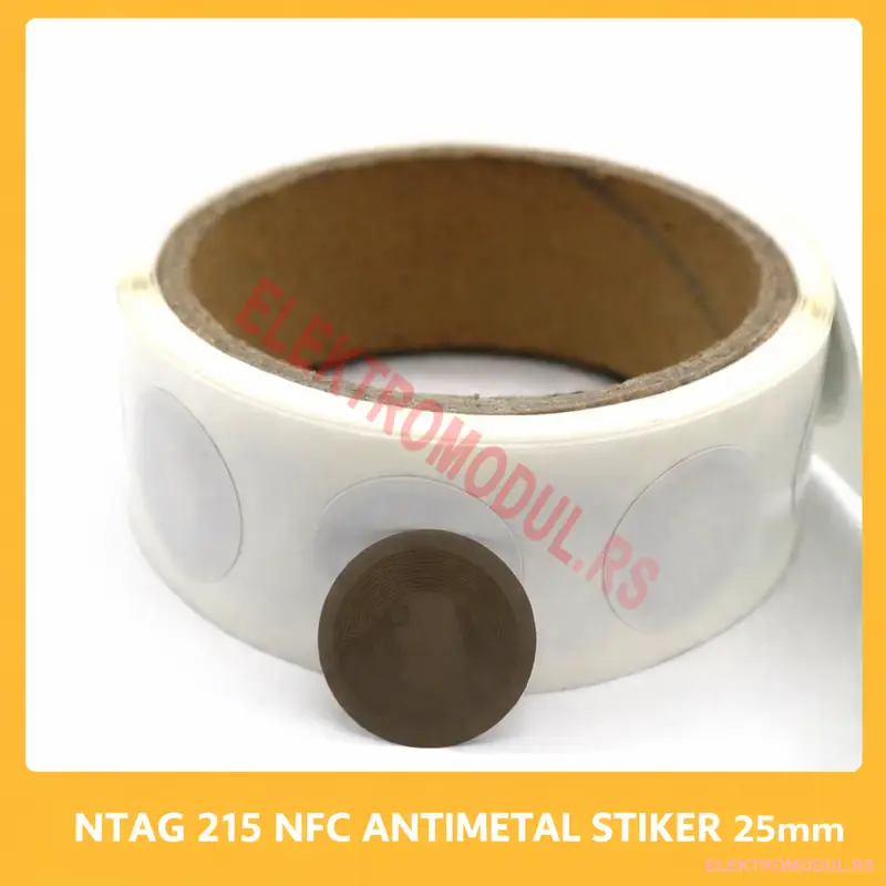 NFC NTAG215 antimetal nalepnica 25mm-1-elektromodul-rs NFC NTAG215 antimetal nalepnica 25mm (13.56MHz) – bela okrugla etiketa za telefon i metalne površine