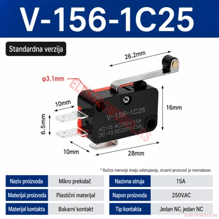 V-156-1C25 Mikro Prekidač 1NO+1NC 15A 250VAC