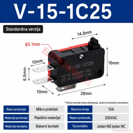 V-15-1C25 Mikro Prekidač 1NO+1NC 15A 250VAC