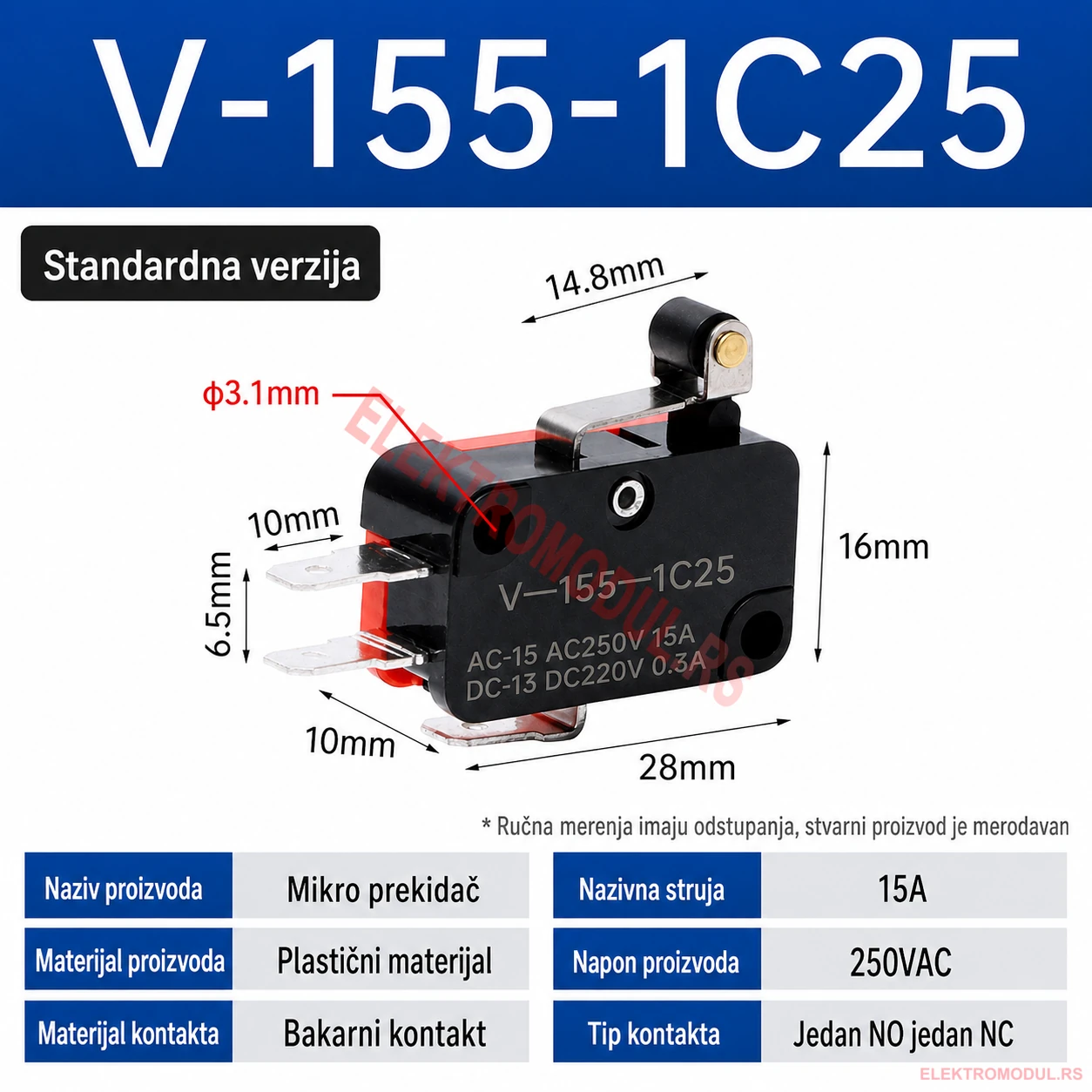 V-155-1C25 Mikro Prekidač V-155-1C25 mikro/krajnji prekidač 1NO+1NC