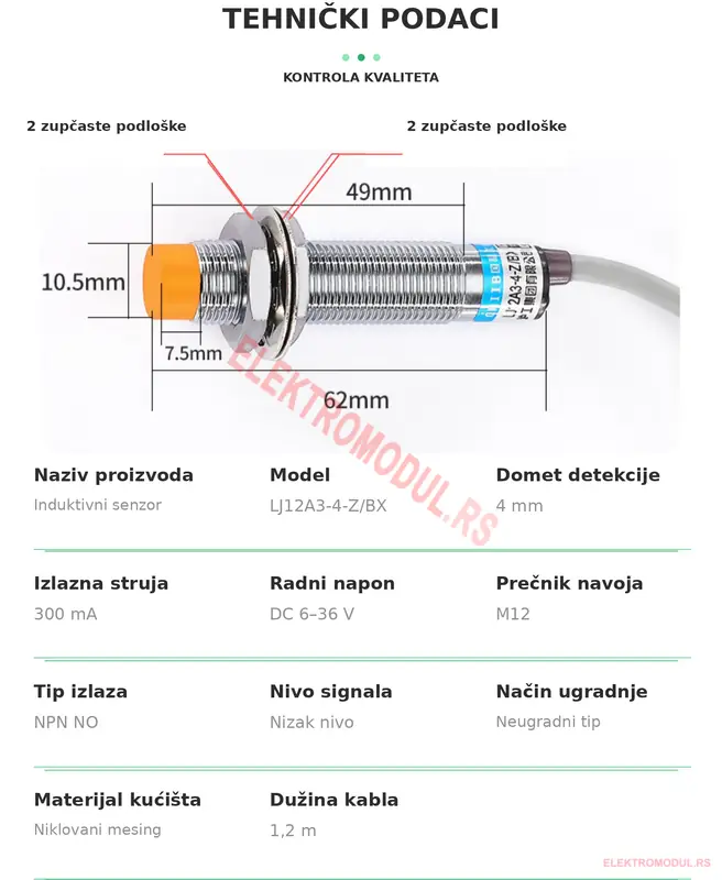 LJ12A3-4-Z/BX tehnicki podaci — dimenzije i specifikacije LJ12A3-4-Z/BX induktivni senzor — tehnicki podaci: 62mm duzina, M12, 4mm domet, 300mA, NPN NO
