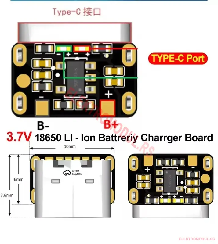 Mini Type-C 18650 Li-ion punjač sa zaštitom Type-C 3.7V 18650 Li-ion punjač ploča priključci B+ B-