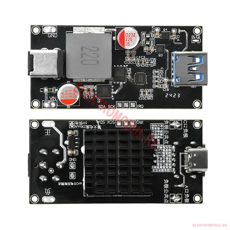 Brzi punjač modul 140W DC 6-30V multiprotokol Brzi punjač modul 140W DC 6-30V USB-A i Type-C izlaz prednja i zadnja strana