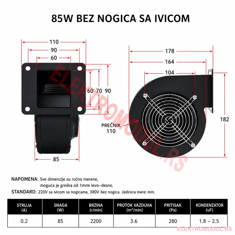 Centrifugalni ventilator 130FLJ1 85W 220V — dimenzije Mali centrifugalni ventilator 130FLJ1 85W 220V — bočni prikaz sa dimenzijama (178×182 mm)