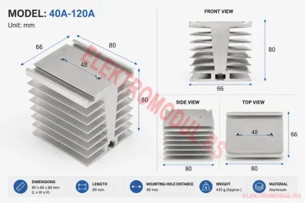 Hladnjak za SSR 40-120A aluminijum 80x66x80mm 430g sa tehnickim crtezom dimenzija