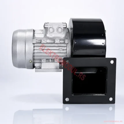 Industrijski centrifugalni ventilator DF-3 180W 220V — bočni prikaz sa motorom i izlaznom flanšom