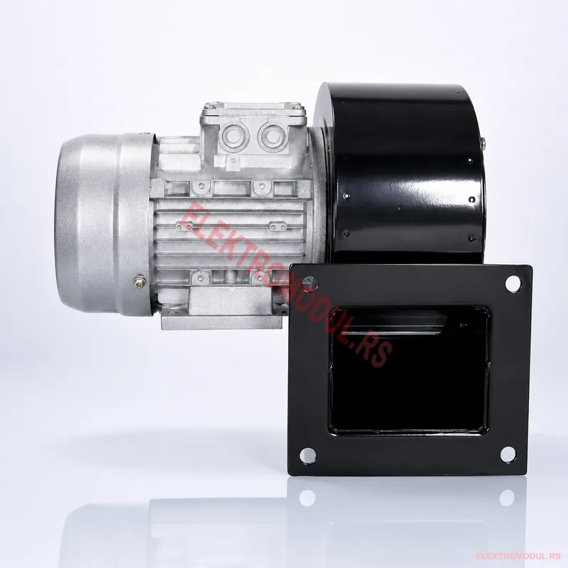 Centrifugalni ventilator DF-3 180W 220V — bočni prikaz Industrijski centrifugalni ventilator DF-3 180W 220V — bočni prikaz sa motorom i izlaznom flanšom