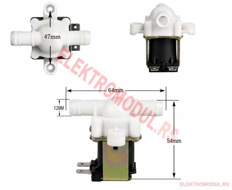 Elektromagnetni ventil Ø12mm — dimenzije 64 x 54 mm Elektromagnetni ventil Ø12mm — dijagram dimenzija (47 mm flansa, 64 x 54 mm ukupno, port 12 mm)