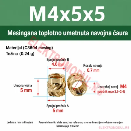 Mesingana heat-set matica za umetanje M4×5×5 za 3D štampu