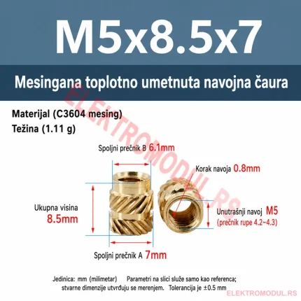 Mesingana heat-set matica za umetanje M5×8.5×7 za 3D štampu