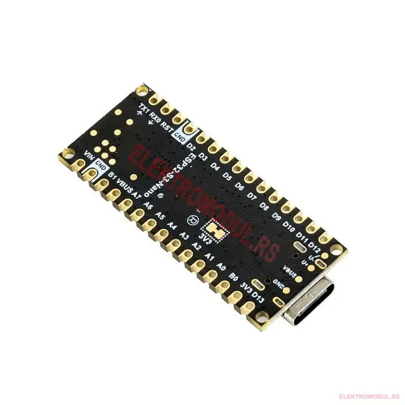 ESP32-S3 Nano poleđina sa oznakom i pinovima Poleđina ESP32-S3 Nano ploče sa oznakom ESP32-S3-Nano i kastelacijskim pinovima