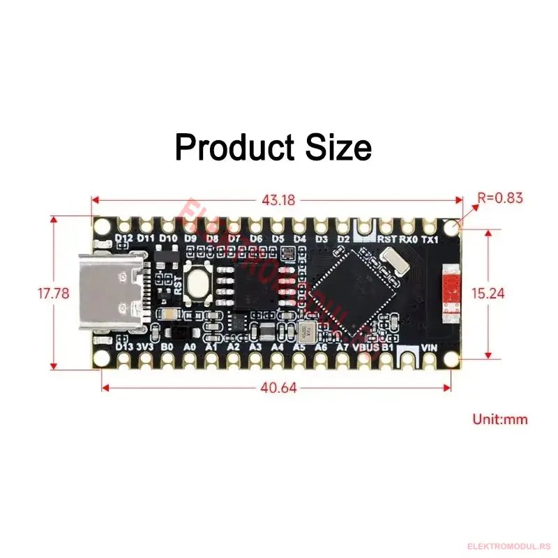 ESP32-S3 Nano dimenzije ploče 43x17mm Dimenzije ESP32-S3 Nano ploče: 43,18 x 17,78 mm, raspored pinova
