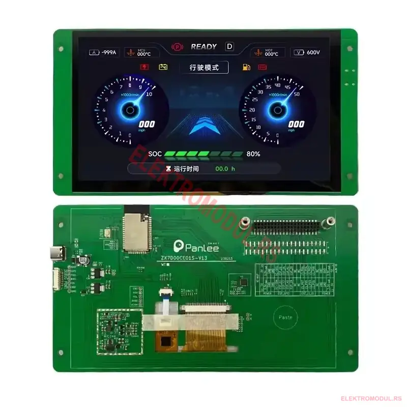 ESP32-S3 7 inča 800x480 kapacitivni touch LCD displej RGB interfejs ESP32-S3 7 inča 800x480 kapacitivni touch LCD displej sa RGB interfejsom, 16MB Flash i 8MB PSRAM, prednji i zadnji prikaz