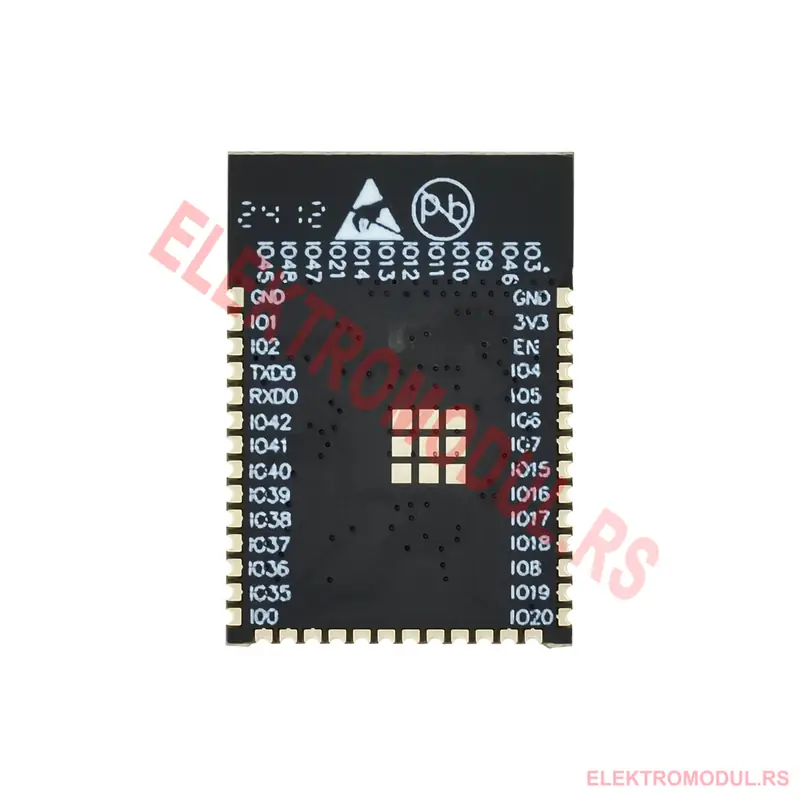 ESP32-S3-WROOM-1U N16R8 modul raspored pinova (pinout) Poleđina ESP32-S3-WROOM-1U N16R8 modula sa rasporedom GPIO pinova i kastelacijama