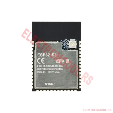 ESP32-S3-WROOM-1U N16R8 modul, prednja strana sa metalnim štitom, FCC oznakom i IPEX/U.FL konektorom za antenu