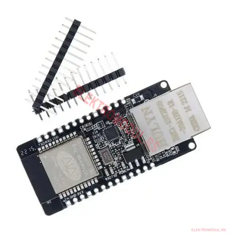 WT32-ETH01 modul gornji prikaz sa pinovima WT32-ETH01 ESP32 Ethernet modul, gornji prikaz sa nezalemljenim header pinovima