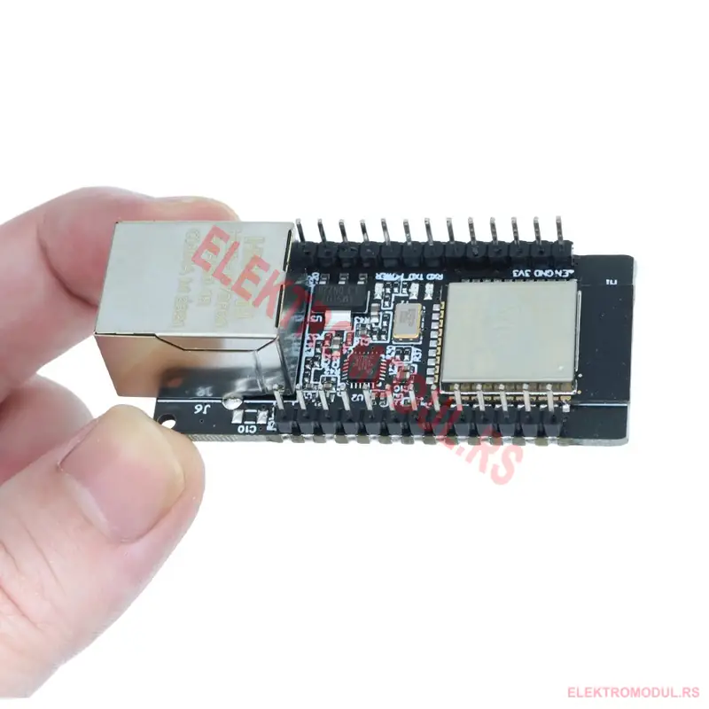 WT32-ETH01 modul veličina u ruci sa RJ45 i ESP32 WT32-ETH01 ESP32 Ethernet modul u ruci, prikaz veličine sa RJ45 i ESP32 WROOM modulom