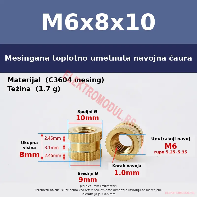 Mesingana matica za umetanje M6×8×10 Mesingana heat-set matica za umetanje M6×8×10 za 3D štampu