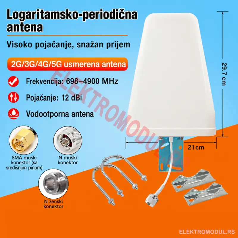 Usmerena Antena 4G 5G LTE 12dBi Yagi Logaritamska Usmerena 4G/5G LTE Yagi logaritamsko-periodicna antena 12dBi sa SMA, N muskim i N zenskim konektorom