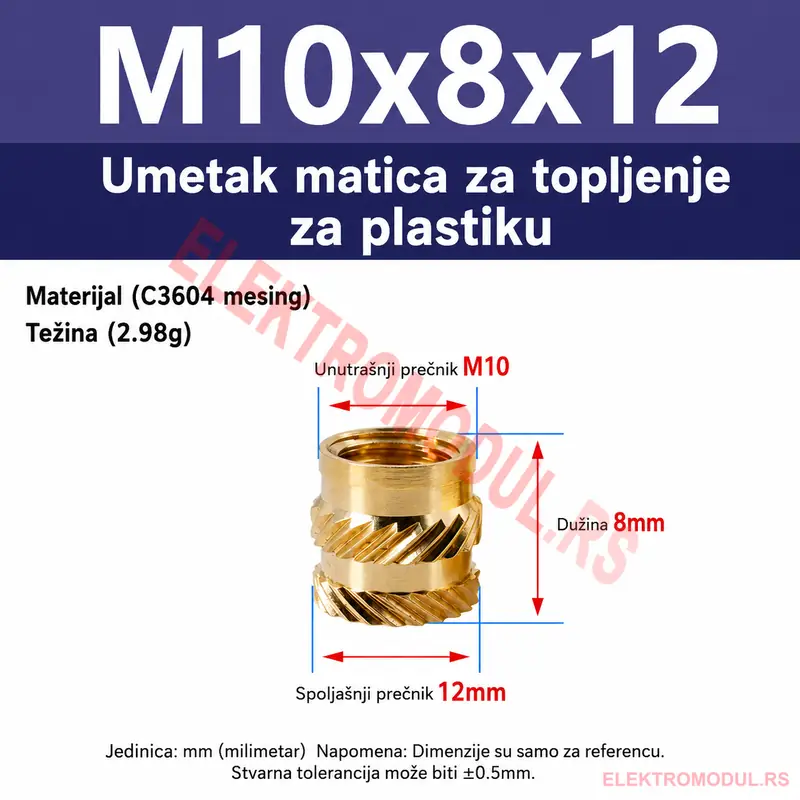 Mesingana matica za umetanje M10×8×12 Mesingana heat-set matica za umetanje M10×8×12 za 3D štampu