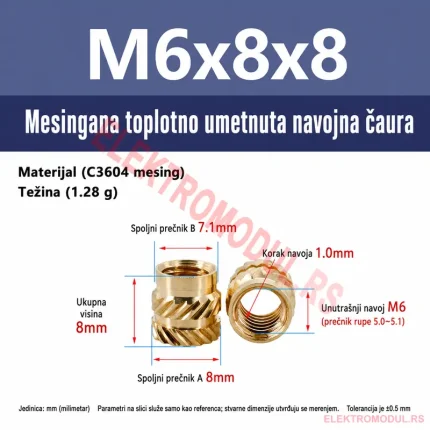 Mesingana heat-set matica za umetanje M6×8×8 za 3D štampu