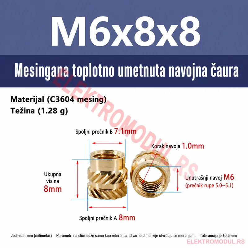 Mesingana matica za umetanje M6×8×8 Mesingana heat-set matica za umetanje M6×8×8 za 3D štampu