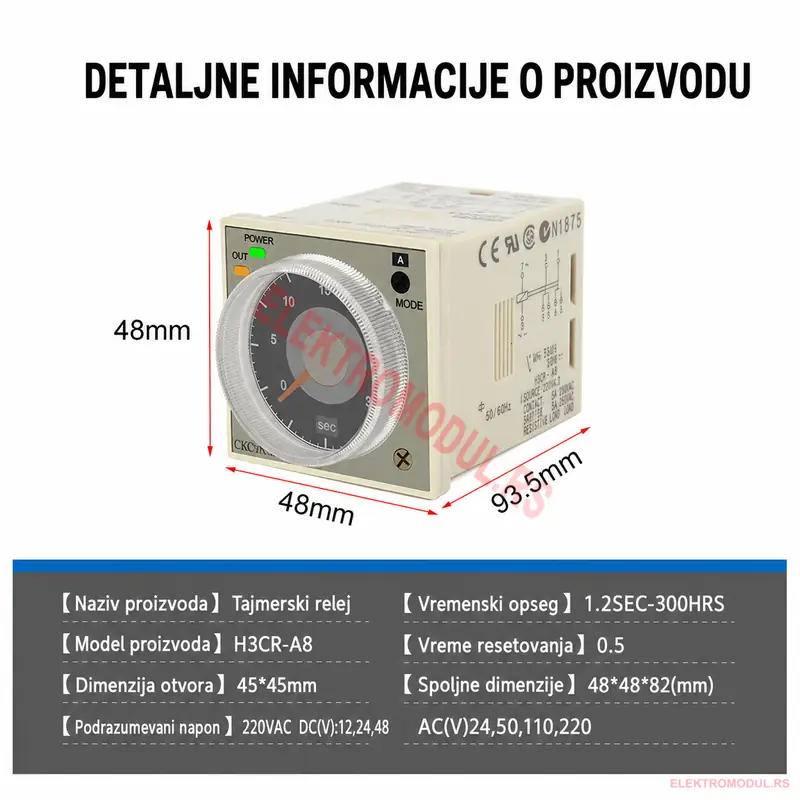 H3CR-A8 dimenzije i specifikacije H3CR-A8 dimenzije 48x48x82mm, otvor 45x45mm, vremenski opseg 1.2s-300h