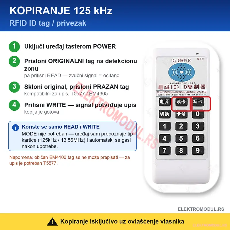 IC/ID dvopojasni ručni duplikator 125kHz & 13.56MHz tagova - Cena Srbija 1 -cena srbija Uputstvo kopiranje 125kHz RFID ID taga