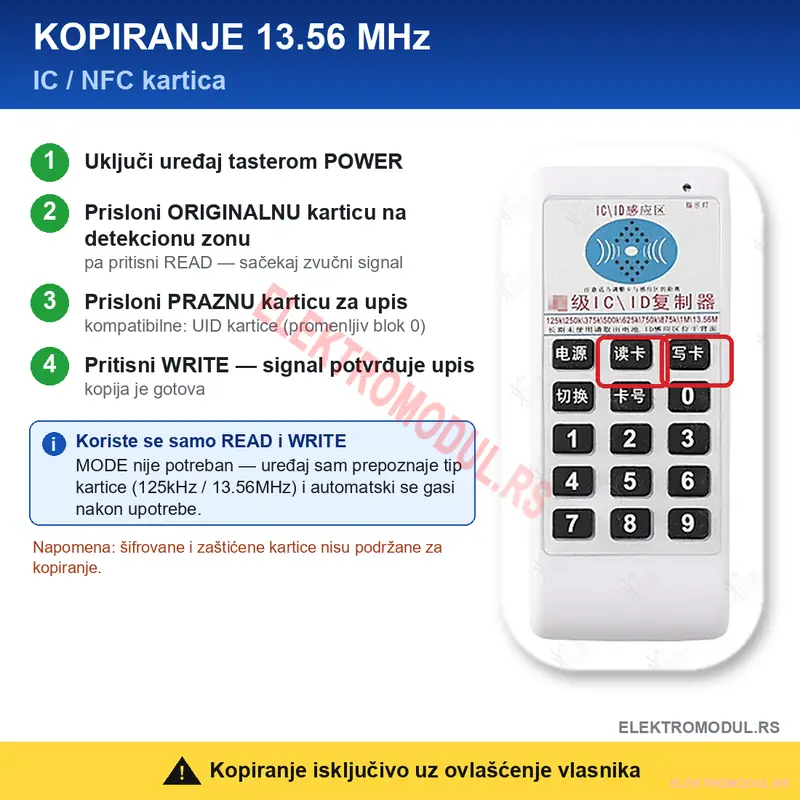 IC/ID dvopojasni ručni duplikator 125kHz & 13.56MHz tagova - Cena Srbija 2 -cena srbija Uputstvo kopiranje 13.56MHz IC NFC kartice