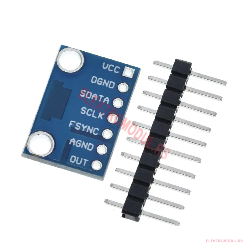 AD9833 Modul Pinout — VCC, SDATA, SCLK, FSYNC, OUT AD9833 modul pinout sa donje strane — VCC, DGND, SDATA, SCLK, FSYNC, AGND, OUT