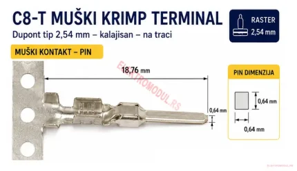 C8-T Dupont muški krimp terminal 2,54 mm kalajisan na traci — pin 0,64 mm, dužina 18,76 mm