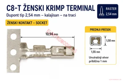 C8-T Dupont ženski krimp terminal 2,54 mm kalajisan na traci — kontakt 1,55 x 1,50 mm, dužina 10,94 mm