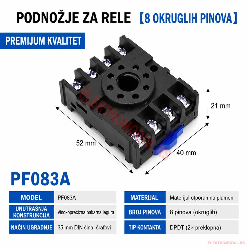 Podnožje za Rele PF083A 8 Okruglih Pinova Podnožje za rele PF083A 8 okruglih pinova sa DIN montažom