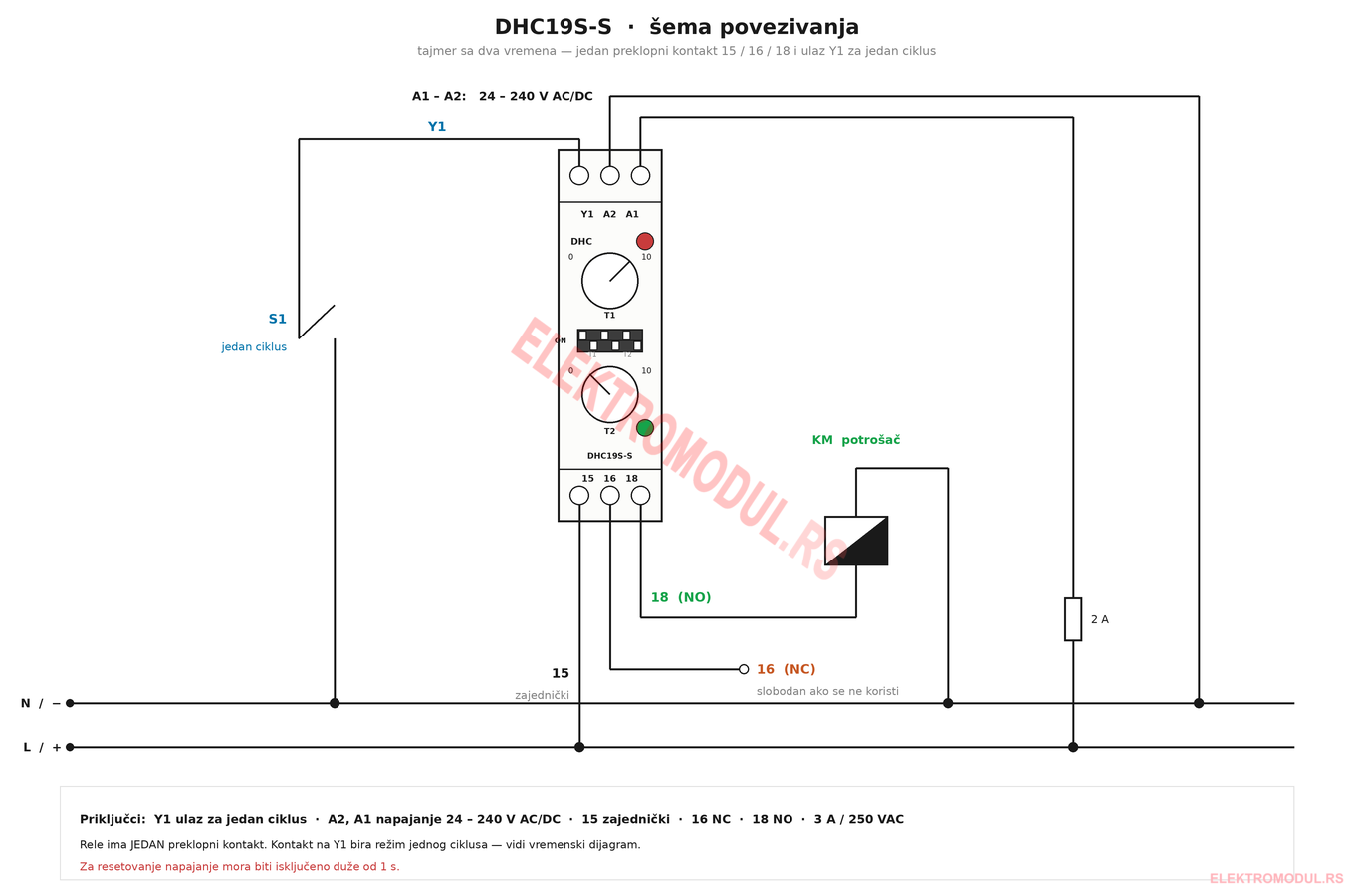 DHC19S-S — šema povezivanja DHC19S-S tajmer sa dva vremena šema povezivanja — Y1 ulaz za jedan ciklus, A2-A1 napajanje 24-240 V AC/DC, preklopni kontakt 15 zajednički, 16 NC, 18 NO
