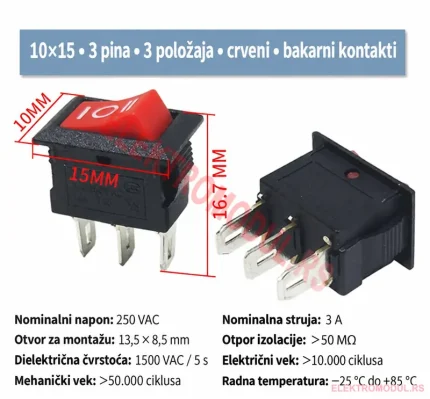 KCD11 crveni rocker prekidac 3 pina ON-OFF-ON 10x15 mm