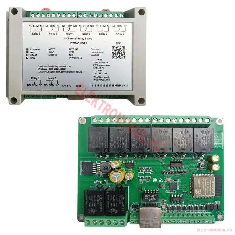 Relejna ploča DT-R008 sa 8 releja i 8 ulaza – Ethernet RJ45 + WiFi, Home Assistant | Cena Srbija Relejna ploča DT-R008 sa 8 releja i 8 ulaza – Ethernet RJ45 + WiFi, Home Assistant | Cena Srbija